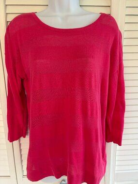 Liz Claiborne Fushia Cotton Pullover, 3/4 Sleeves, Striped Look ,Size L